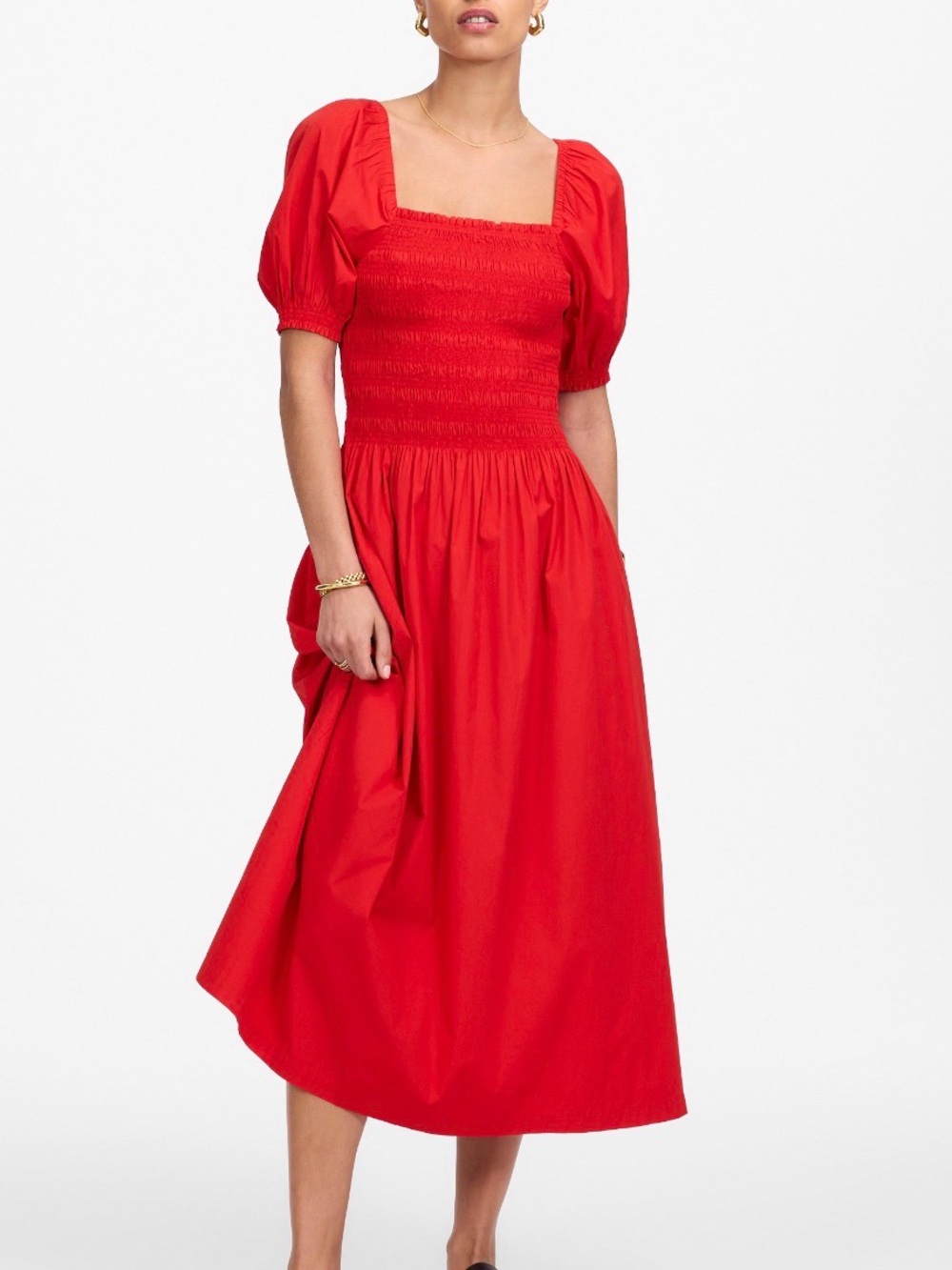 Madewell Red Smocked Puff-Sleeve Midi Dress